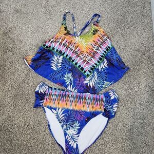 Plus Size Blue Floral Two Piece Swimsuit